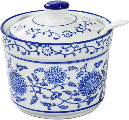 123Arts Ceramic Sugar Bowl Flower Relief Seasoning Jar Spice Jar with Lid and Spoon...
