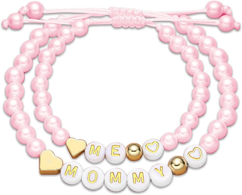 Mother Daughter Bead Bracelet Set for 2, Mommy and Me Matching Bead Bracelet, Mama and Mini Matching Heart Bracelets for Mom Daughter Valentines M...