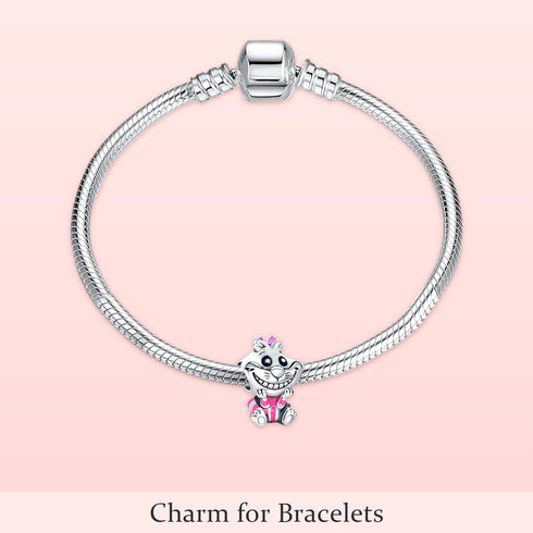 Cheshire Cat Charms 925 Sterling Silver Grin Meow Bead with Purple Enamel for Bracelets...