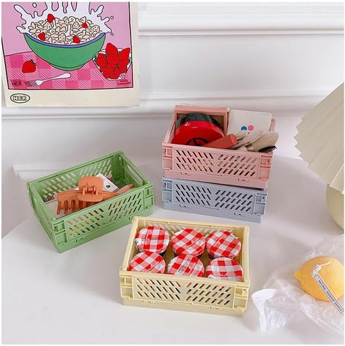 Mini folding plastic storage box Student desktop organizer Pocket Tape Stationery skincare small storage basket (2PCS, Blue&Pink)...