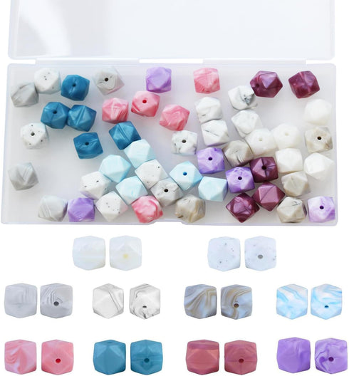50 Pieces Silicone Beads, BetterJonny 10 Colors Loose Beads with Storage Box 14mm Sweet Colors Hexagon Beads Marble Printed Silicone Loose Beads f...