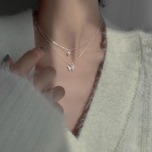 Tatibana Sterling Silver Butterfly Necklace, Vintage Layered Crystal Necklace for Women & Teen Girls, 925 Silver Choker with Double Butterfly Pend...