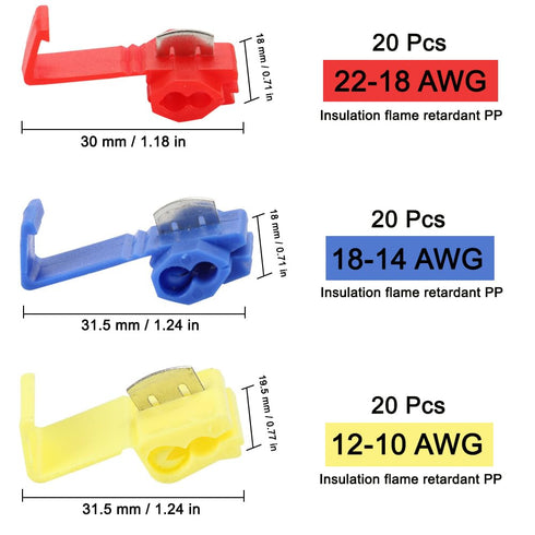 60PCS Solderless Quick Splice Snap Wire Connector, 22-10AWG Electrical Splice Wire Connectors(12-10 AWG Yellow 20Pcs, 18-14 AWG Blue 20Pcs, 22-18 ...