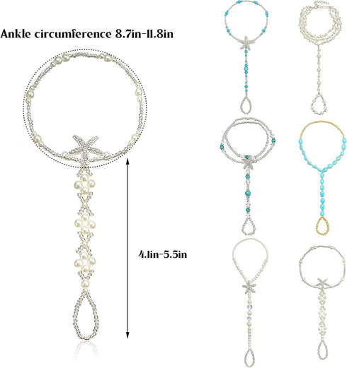 Hicarer 12 Pieces Feet Jewelry Barefoot Sandals Toe Rings Foot Chains Starfish Faux Pearls Elastic Beaded Turquoise Anklet Chains Jewelry with Rhi...