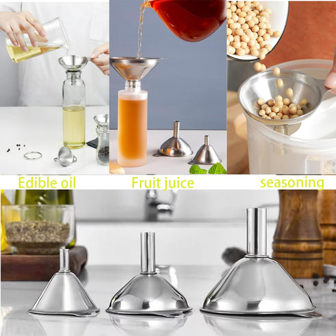 Kitchen Funnels Set for Bottles, 3pc Small/Medium/Large Food Grade Stainless Steel Metal Funnels with 2 Cleaning Brushes for Liquids, Essential Oi...