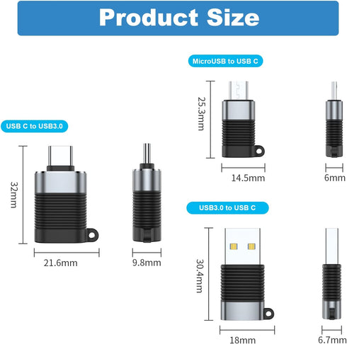 AreMe USB C Adapter (6 Pack), Micro USB Male to USB C Female, USB 3.0 Male to USB C Female, USB Type-C Male to USB 3.0 Female Converter Connector...