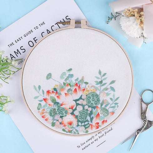 FOXTEMO Embroidery Kit for Beginners Adults, 1 Pack 20CM Embroidery Hoops, Lotus Embroidery Pattern Beginner Embroidery Kit with Needles and Threa...