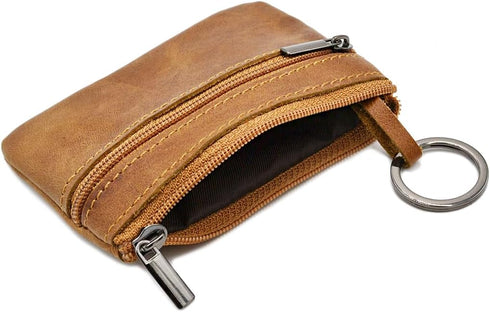 Women Genuine Leather Coin Pouch Zip Mini Purse Wallet Key Chain Double Zipper...