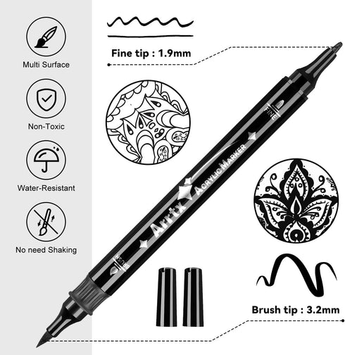 Arrtx 8 Pack Black Acrylic Paint Pens, Dual Tip Acrylic Paint Markers for Rock Painting, Graffiti, Paper, Wood, Ceramic, Fabric, Glass, Canvas, Pl...