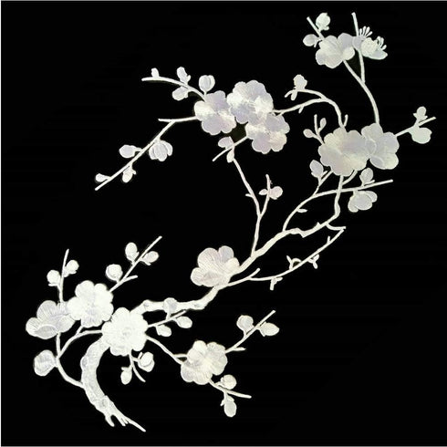 4 Pcs Big Plum Blossom Blossom Iron On Patches Embroidery Flower Appliques 14.1"x7.5" (36x19cm)(Classic White)...