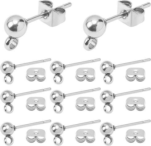 PH PandaHall 200pcs Ball Stud Earring Kit, Stainless Steel Ball Post Earring Studs Round Ball Ear Pin with Loop with Butterfly Earring Back for Da...