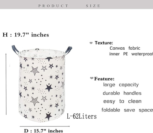 KUNRO Large Sized Round Storage Basket Waterproof Coating Organizer Bin Laundry Hamper for Nursery Clothes Toys (Black Star)...