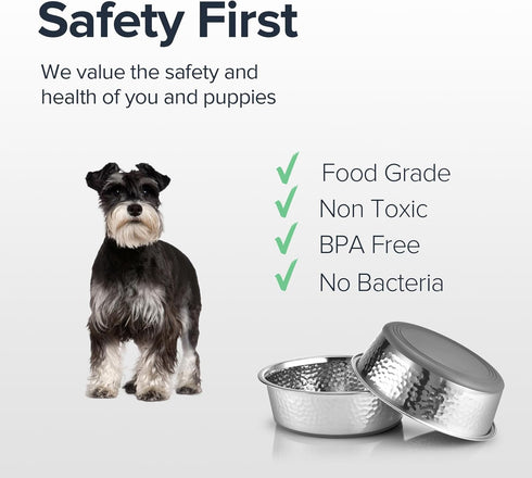 2 Pack Hammered Stainless Steel Dog Bowls, Premium Metal Dog Bowls with Non Slip Rubber Bottom, Dishwasher Safe, Easy to Clean, 4 Cup, Gray Bottom...