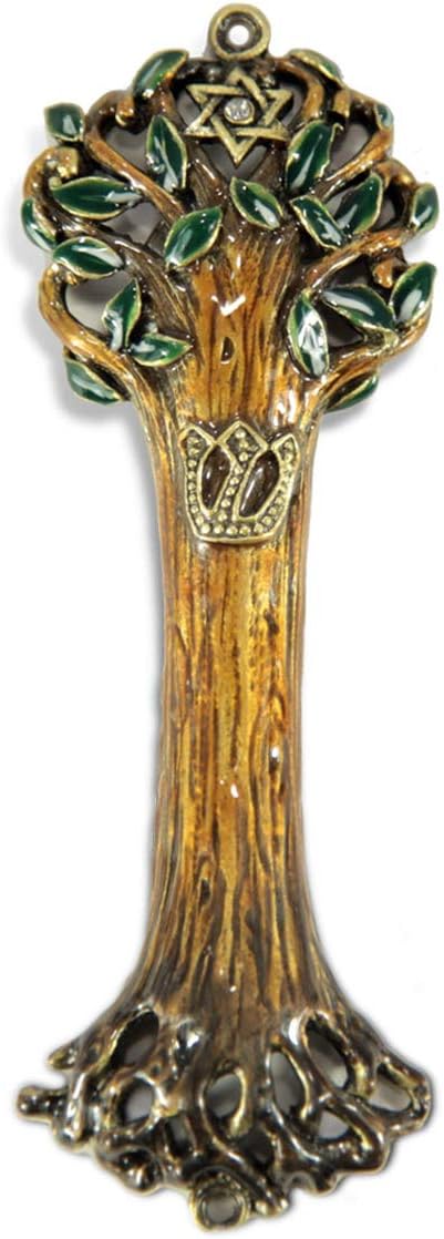 Mezuzah Case | Mezuzah Cover | Artwork Tree of Life Wooden Texture Design and Crafted in Brass 4" for The Jewish Homes | Rainbow Color (Brown | Gr...