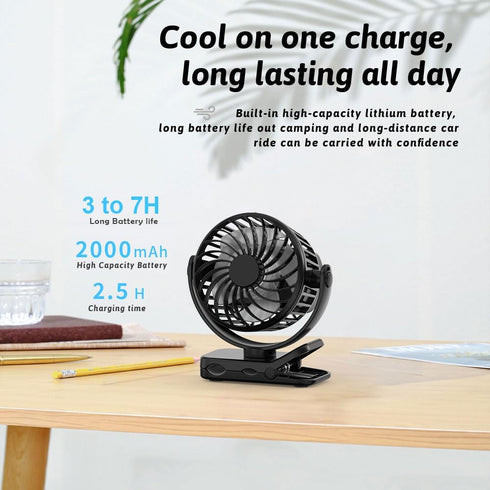 Portable Mini Clip On Fan,Desk Fan,Neck Fan,2.8 Inch Rechargeable,720 degree Rotate,3 Speed Quiet Mini Clip Fan,Small Clip on Fan Ideal For Outdoo...