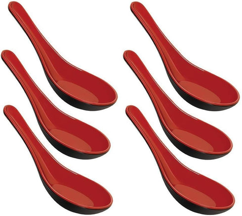 Happy Sales Melamine Soba, Rice Spoons, Chinese Won Ton Soup Spoon, Asian Red and Black, 6 Pack Plain Style...