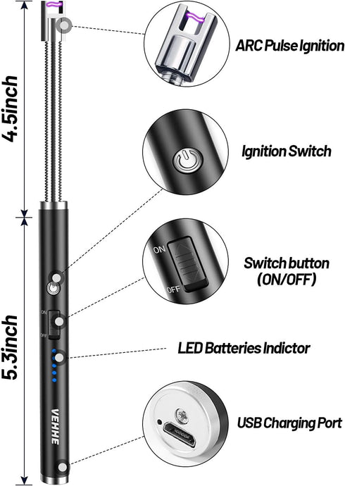 VEHHE Candle Lighter, Electric Rechargeable Arc Lighter with LED Battery Display Long Flexible Neck USB Lighter for Light Candles Gas Stoves Campi...