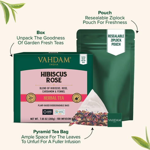 VAHDAM, Hibiscus Rose Tea Bags - 100% Whole Hibiscus Flowers Herbal Tea Bags (100 Count) With Rose, Chamomile & Exotic Spices | Caffeine Free, Flo...