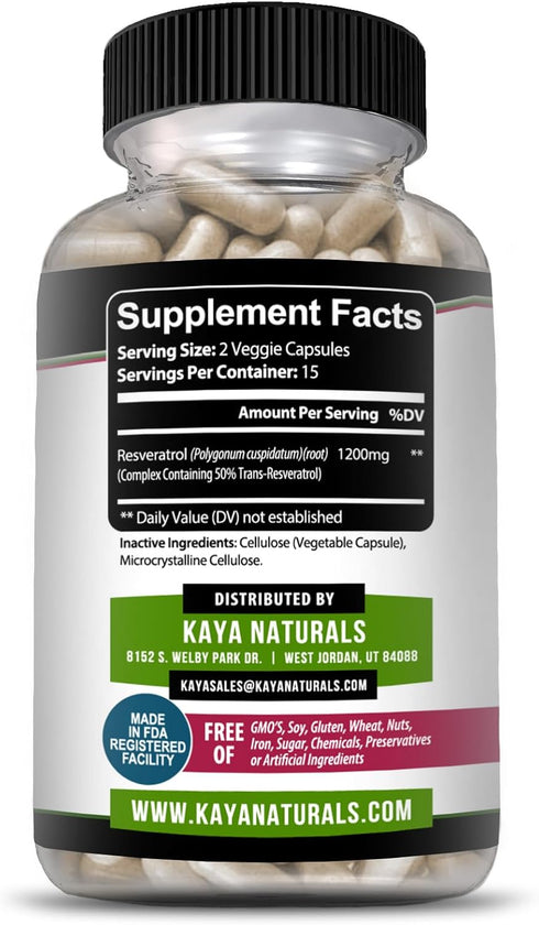 Kaya Naturals - Resveratrol Capsules - Anti Aging Supplement - Antioxidants with Brain Support - Maximum Benefits - 30 Veggies Capsules...