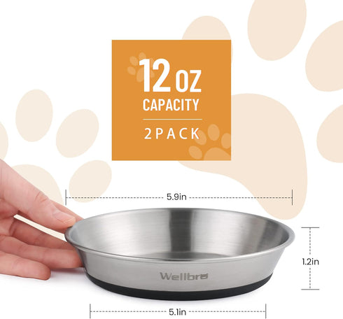 Cat Bowls, 2 Pcs Stainless Steel Cat Bowls for Food and Water, Whisker Fatigue Shallow Non-Slip Cat Dishes Plates for Small Dog Puppies Cats...