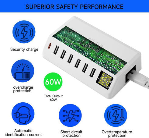 USB Charging Station, 60W/12A 7-Port USB Charger Station with LED Display for Multiple Devices PD20W USB C Charger for All iPad iPhone14/13/12 Pix...