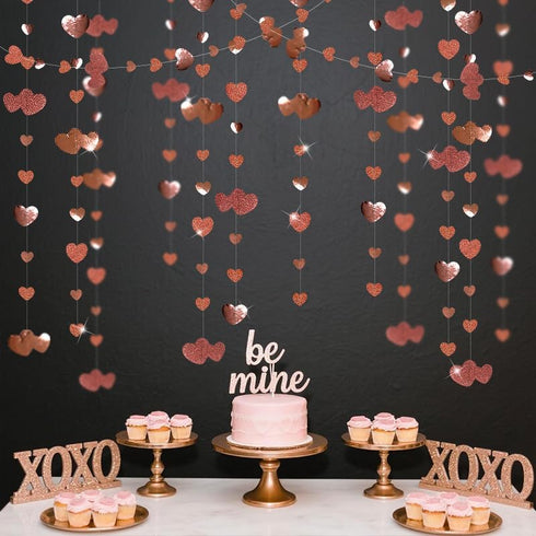 Valentines Day Party Decorations Rose Gold Heart Garland Hanging Paper Love Heart Streamer Banner for Anniversary Mothers Day Bachelorette Engagem...