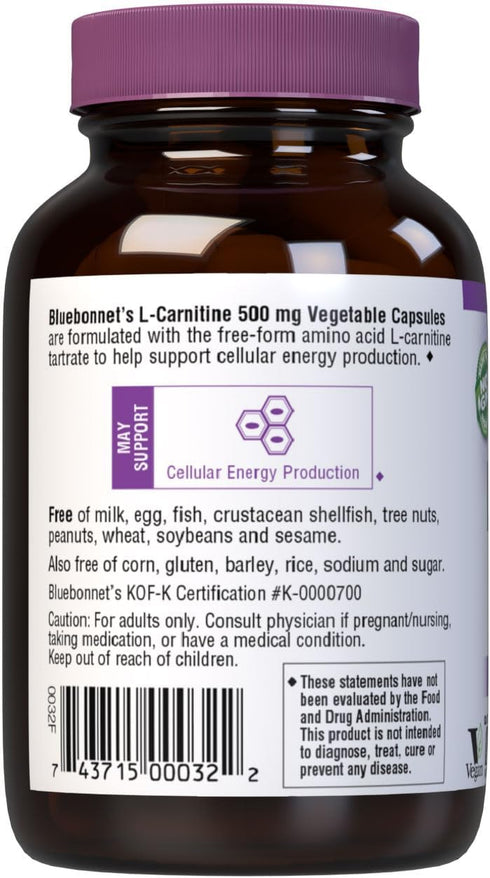 BlueBonnet L-Carnitine 500 mg Vitamin Capsules, White, 60 Count...