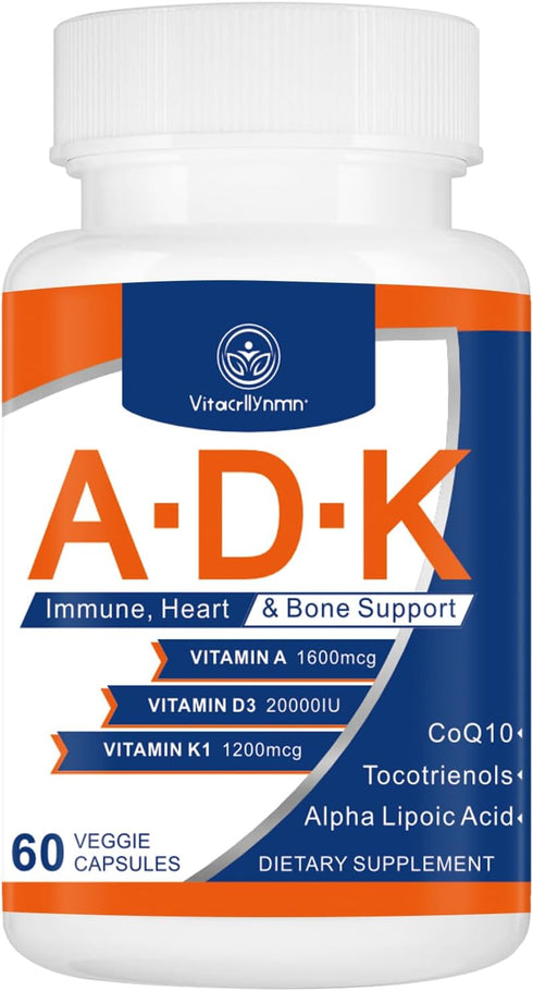ADK Vitamin Supplement 20000 IU - High Potency Vitamins A, D3 and K1 for Heart, Bone Health and Immune Support Vitamin ADK 60 Capsules...