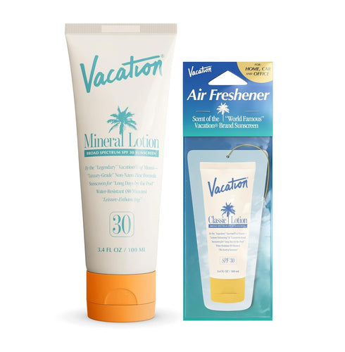 Vacation Mineral Lotion Sunscreen SPF 30 + Air Freshener Bundle, Premium Zinc Sunscreen For Sensitive Skin, Hydrating + Lightweight Mineral Based ...