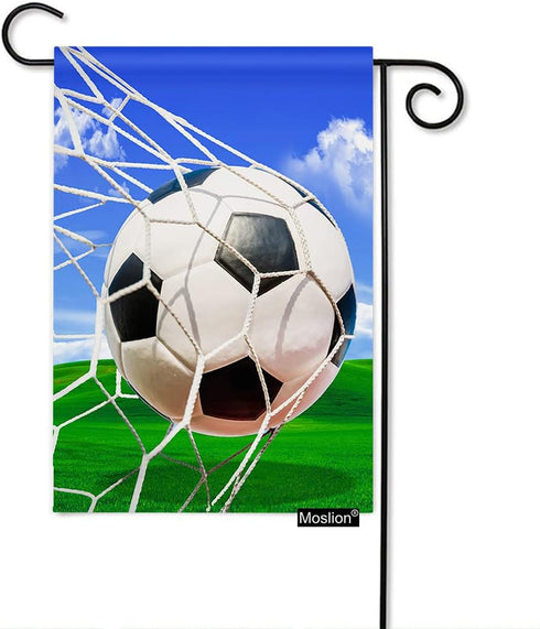 Moslion Soccer Garden Flag Vertical Double Sided Sports White and Black Football in Ball Net in Green Field Grass Blue Sky House Flags Home Burlap...