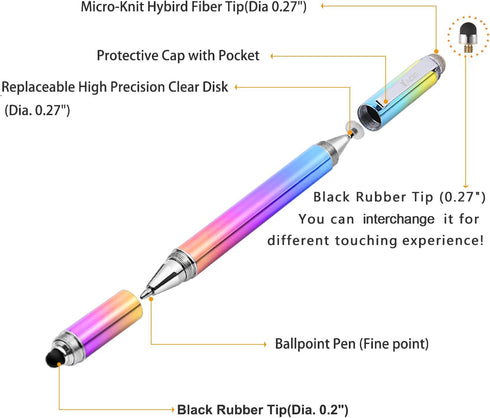 Capacitive Stylus Pen, 4-in-1 High Sensitivity and Precision Touch Screen Stylus Clear Disc Tip,Black Rubber Tip &Mesh Fiber Tip Compatible with U...