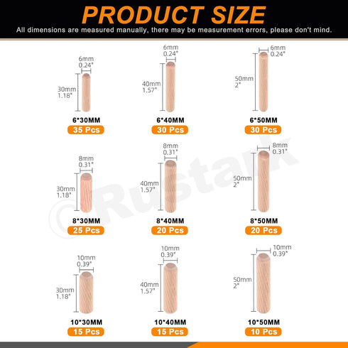 200Pcs Diagonal Grooved Wooden Dowel Pins Assortment Kit, 9 Sizes M6 M8 M10 Beveled Ends Tapered Pins Wooden Pegs for Furniture Door DIY Crafts St...