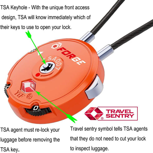Forge Quality TSA Approved Luggage Locks for Travel Accessories, Suitcase, Pelican case, Set Your own Combination, Zinc Alloy Body-Cable Locks Ora...