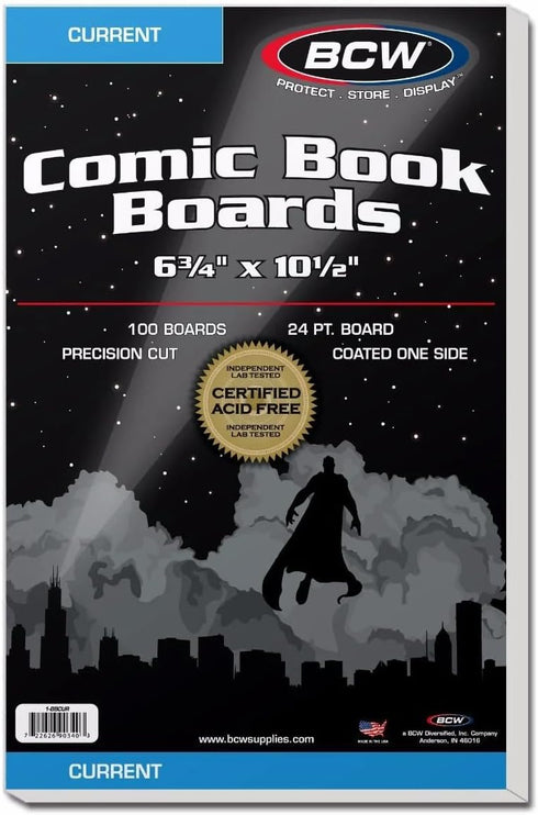 BCW Current Comic Book Backing Boards - 100 Pack | 24 pt., Coated, Buffered with 3% Calcium Carbonate | Precision Cut for Current Comic Bags | Lon...