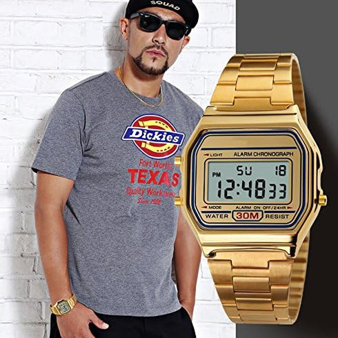 VIGOROSO Men Lady Vintage Retro Gold Stainless Steel Digital Casual Watch Alarm Stopwatch(Gold)...