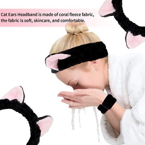 6 Pcs Spa Headband Face Wash Headband and Wristband Set, Cute Make Up Cat Ears Headband Plush Animal Makeup Skincare Headbands with Face Washing W...