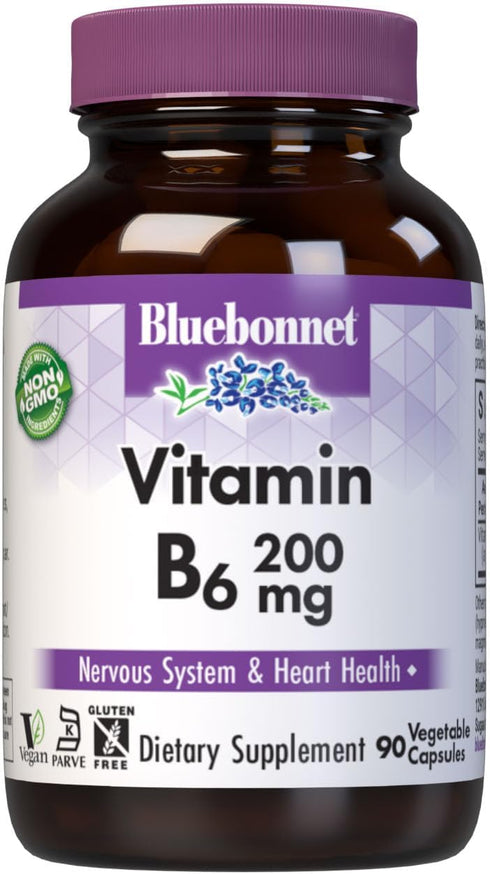 Bluebonnet Nutrition Vitamin B6 Vegetable Capsules, 200 mg, For Cardiovascular and Nervous System Health, Soy Free, Gluten Free, Kosher, Dairy Fre...