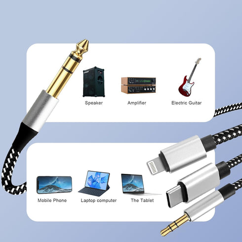 6.56FT MFi Certified Lightning to 1/4 Inch TRS Cable, Within 1/4 to USB C, 3.5mm to 1/4" TRS Adapter,DAC Chip Include, 3-in-1 Stereo 1/4 TRS Cable...