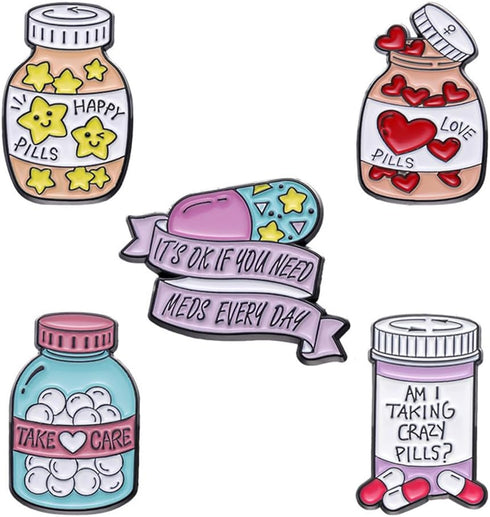 Cartoon Stars Happy Pill Brooch Bottle Enamel Pin Take Care Pill Bottle Enamel Pin Set Love Pill It's OK If You Need Meds Every Day Brooch Badge C...
