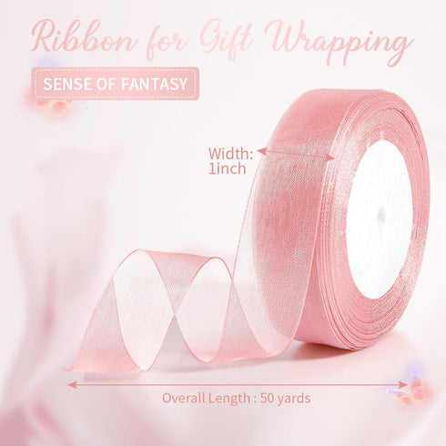 Pink Ribbon for Flower Bouquet 1 Inch 50 Yards Sheer Mothers Day Gift Basket Ribbon Tulle Ribbon for Gift Wrapping Ribbons for Crafts Ribbon for H...