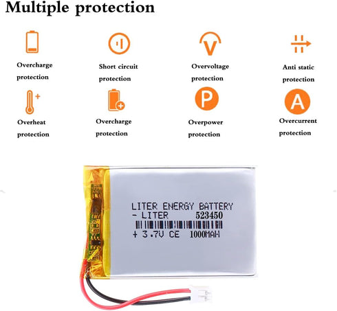 3.7V 523450 1000mAh Lithium Polymer ion Battery Rechargeable Polymer Battery Pack with JST 2.0mm Connector...