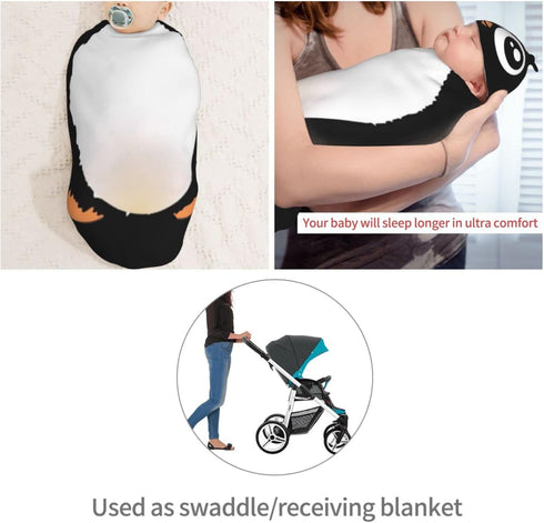 Cute Penguin Newborn Swaddle Blankets Hat Sets Soft Baby Receiving Blanket Swaddle Sack for Baby Shower Infant Boy Girl Gift...