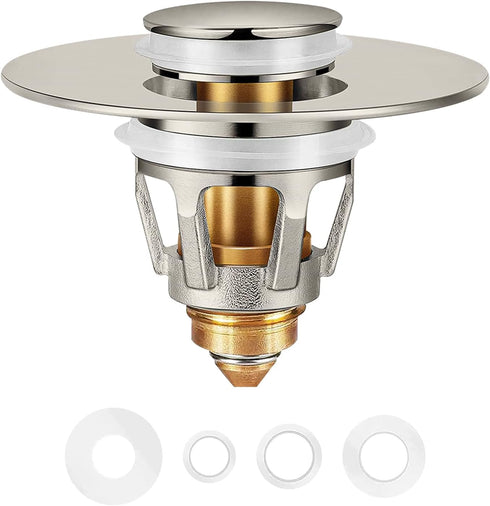 Universal Bathroom Sink Stopper in Brass, 1.04-1.97 Inch Pop Up Basin Sink Drain Stopper, Sink Drain Strainer with Anti Clogging Filter Hair Catch...