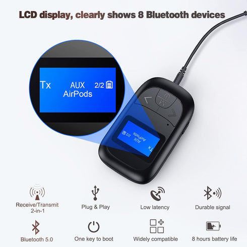 Bluetooth 5.0 Transmitter Receiver for TV - Tensun Visible 3.5mm Wireless Audio Adapter with LED Display Screen, Volume Control 2-in-1 Aux Stereo ...
