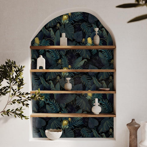 Tropics Plants Floral Peel and Stick Wallpaper, 17.71in X 118.1in Self Adhesive Removable WallPaper Black/Dark Green/Yellow Contact Paper Waterpro...