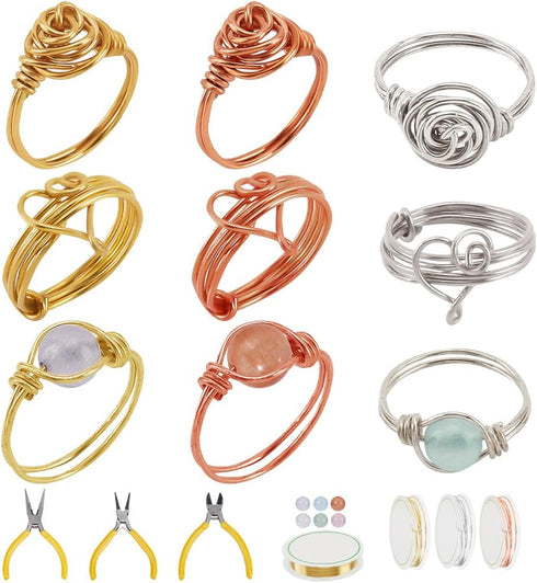 WEBBEDY Wire Wrapped Ring Making Kit, Jewelry Making Supplies Kit with 3-Color Jewelry Wire, Crystal Gemstone Beads, Mini Pliers Tools for Making ...