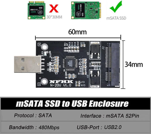 NFHK Mini PCI-E mSATA to USB 2.0 External SSD PCBA Conveter Adapter Pen Driver Card Without Case...