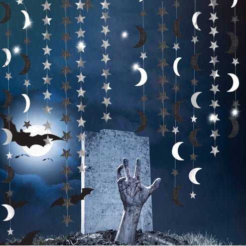 Cheerland Black Silver Moon Decoration Star and Gothic Summerween Decor Garland for Grunge Birthday Halloween New Year Eve Party Twilight Star Ban...