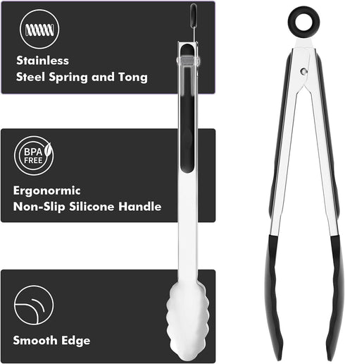 Set of 2 Cooking Tongs,600ºF High Heat-Resistant,Kitchen Utensils,Cooking Utensils for Grill,Salad,BBQ,Frying,Baking,Serving 9/12 inches...