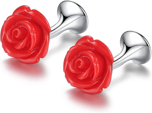 HONEY BEAR Cufflinks for Men Red Rose Flowe rfor Shirt Wedding Gift...